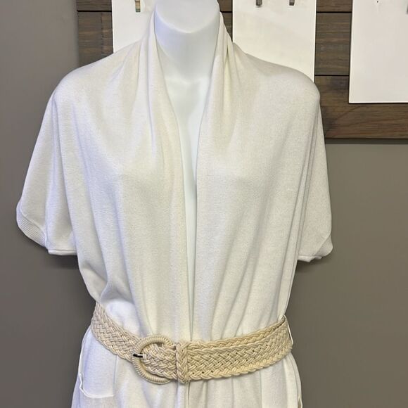 Michael Kors Cream Short Sleeve Cardigan Sweater Tunic with Beige Belt- Small - Picture 2 of 12